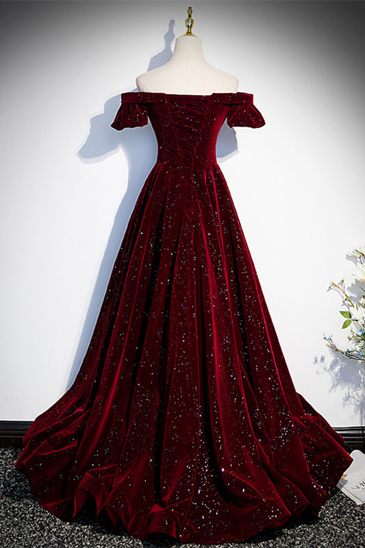 Off-Shoulder A-Line Empire Velvet Beaded Prom Party Dress