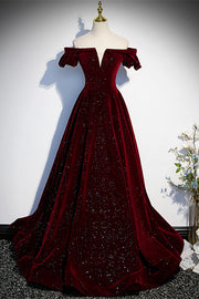 Burgundy Off-the-Shoulder V Neck Lace-Up Velvet Beaded Long Formal Dress