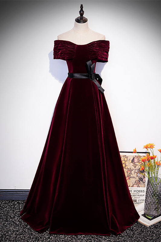 Burgundy Pleated Off-the-Shoulder Velvet Long Formal Dress with Sash