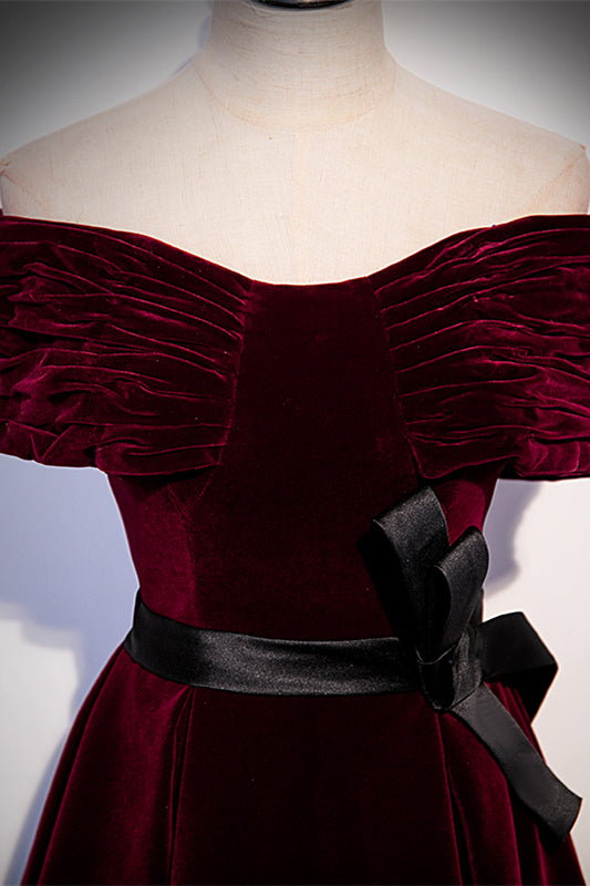 Burgundy Pleated Off-the-Shoulder Velvet Long Formal Dress with Sash