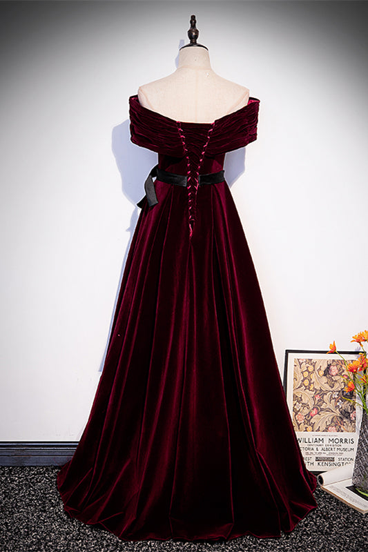 Burgundy Pleated Off-the-Shoulder Velvet Long Formal Dress with Sash