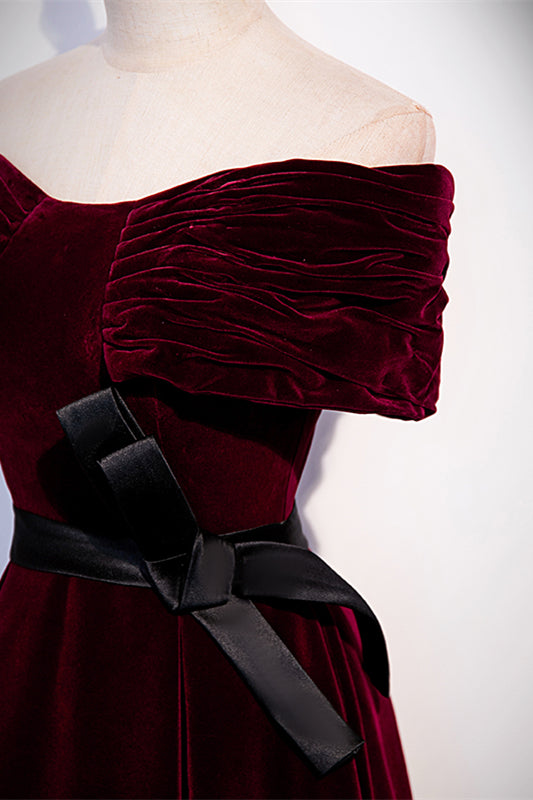 Burgundy Pleated Off-the-Shoulder Velvet Long Formal Dress with Sash