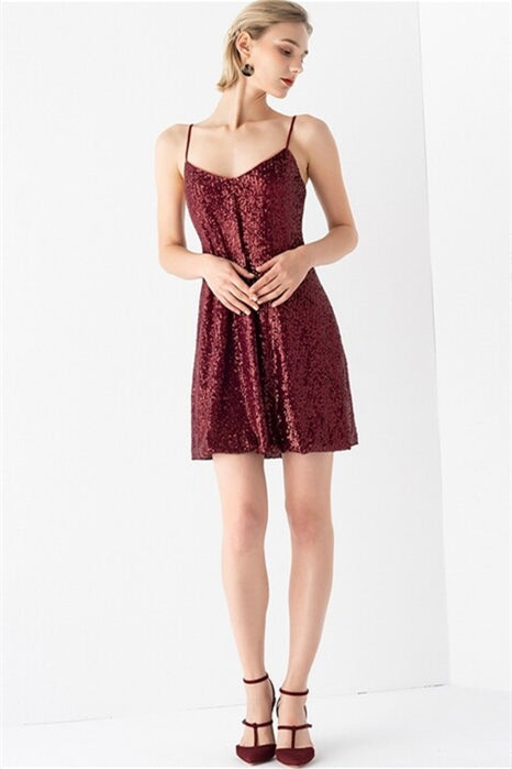 Burgundy Sequined A-line Dress