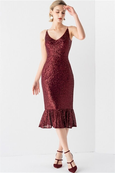 Burgundy Sequined Bodycon Dress