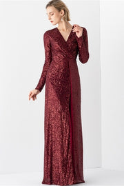 Burgundy Sequined Long Sleeves Evening Dress