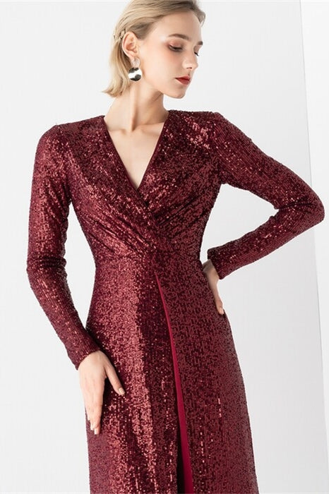Burgundy Sequined Long Sleeves Evening Dress