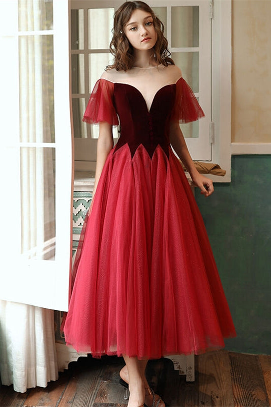 Burgundy Tea Length Party Dress