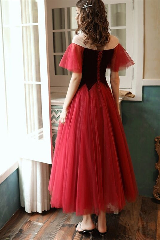 Burgundy Tea Length Party Dress