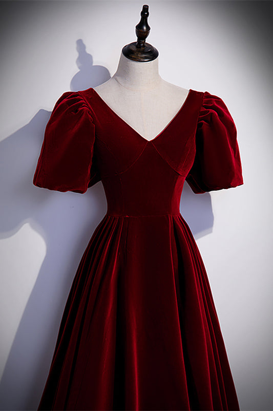Burgundy Velvet V-Neck Short Sleeves Long Formal Dress