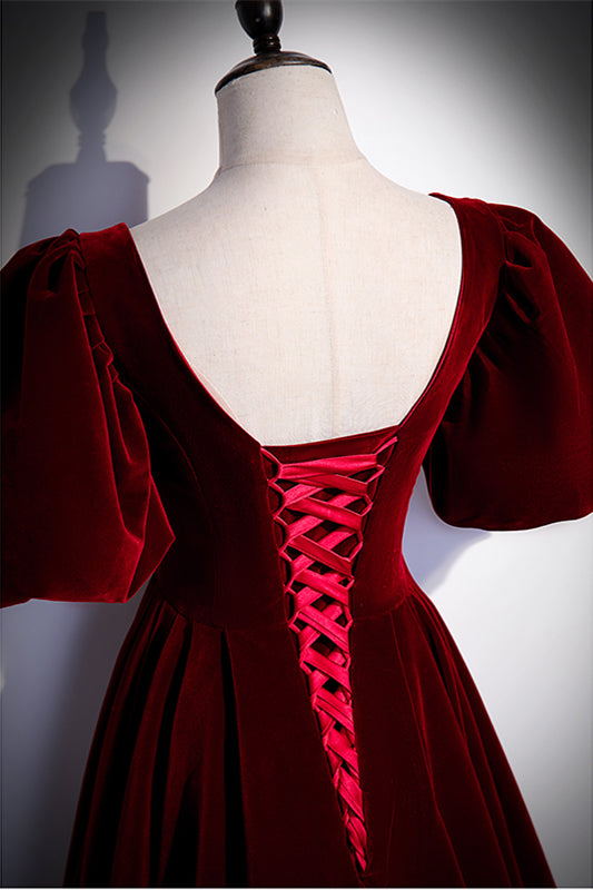 Burgundy Velvet V-Neck Short Sleeves Long Formal Dress