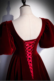 Burgundy A-line V Neck Puff Sleeves Lace-Up Velvet Long Formal Dress