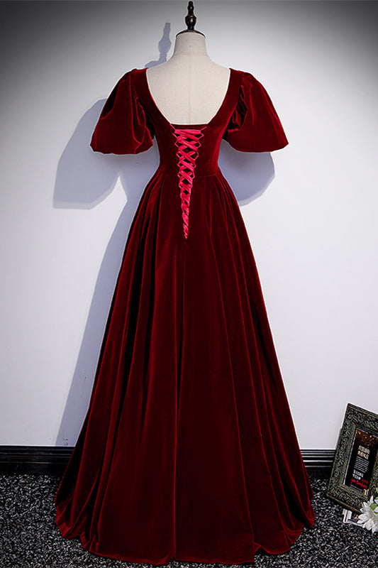 Burgundy A-line V Neck Puff Sleeves Lace-Up Velvet Long Formal Dress