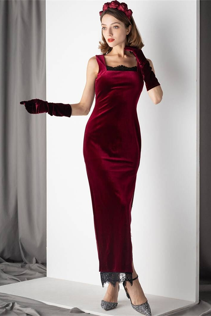 Burgundy Velvet Dress with Slit