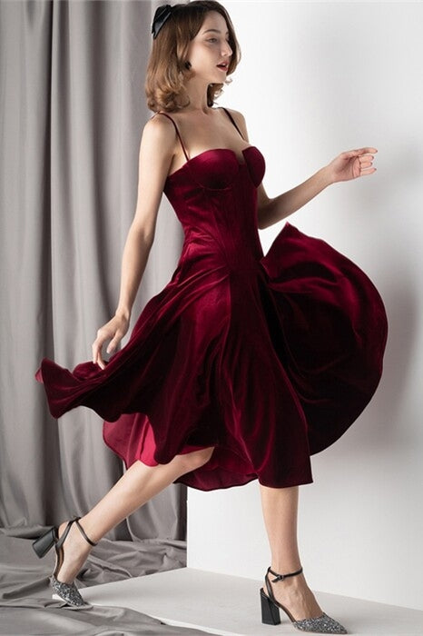 Burgundy Velvet Knee Length Dress