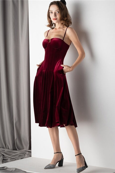 Burgundy Velvet Knee Length Dress