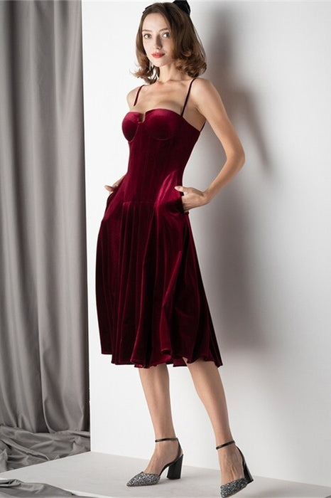 Burgundy Velvet Knee Length Dress Burgundy / US 12