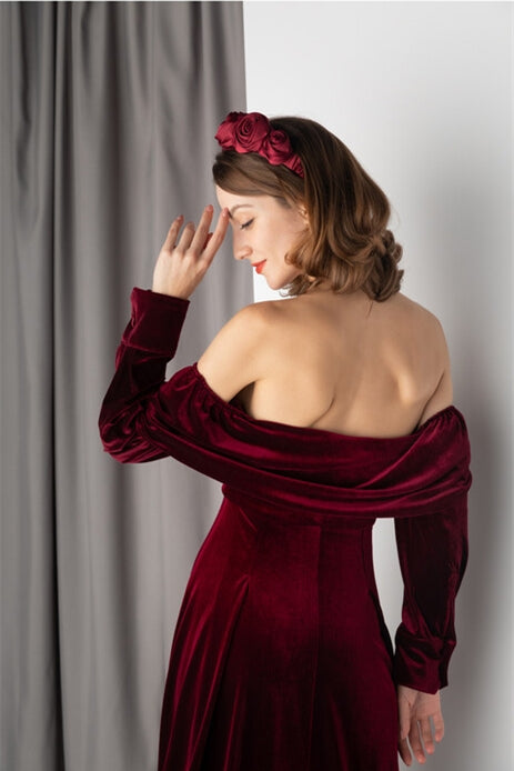 Burgundy Velvet Long Sleeves Dress | Joyofdress Burgundy Velvet Long Sleeves Dress | Joyofdress