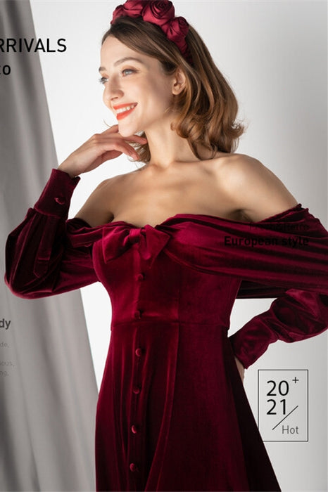 Burgundy Velvet Long Sleeves Dress