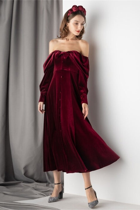 Burgundy Velvet Long Sleeves Dress