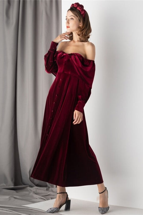 Burgundy Velvet Long Sleeves Dress