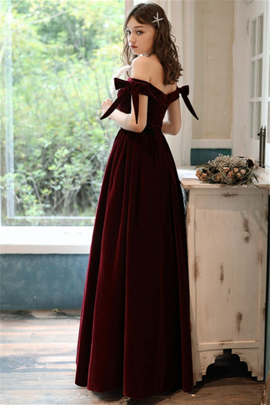 Burgundy Velvet Floor Length Prom Dress, V-Neck Off Shoulder Evening Party Dress US 12 / Burgundy Burgundy Velvet Floor Length Prom Dress, V-Neck Off Shoulder Evening Party Dress US 12 / Burgundy
