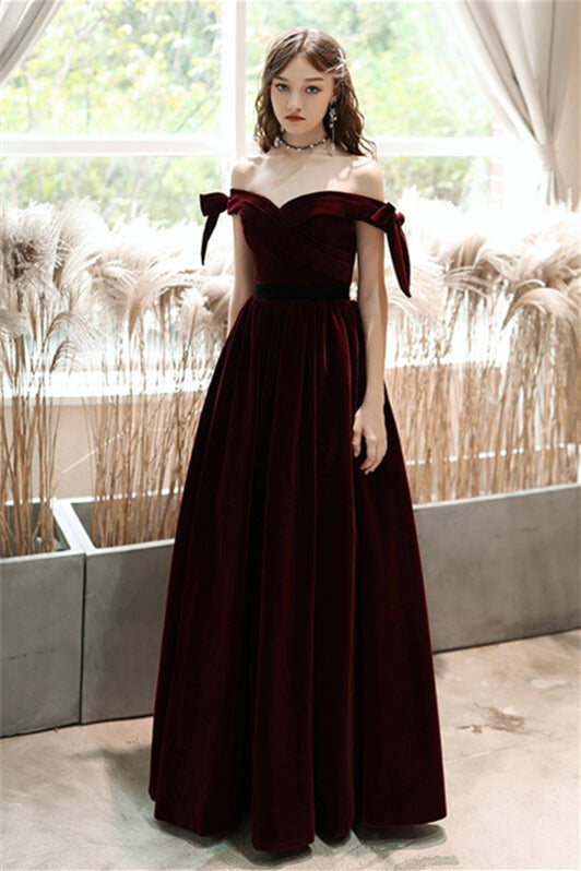 Burgundy Velvet Off the Shoulder Evening Dress