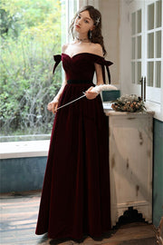Burgundy Velvet Off the Shoulder Evening Dress