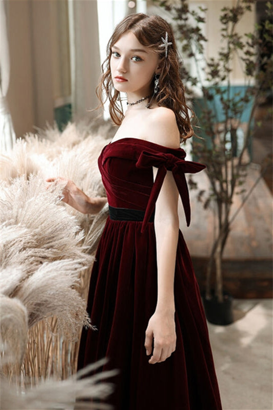 blue dress for baby girl A-Line V Neck Velvet Burgundy Tea Length Prom Dress, Velvet Formal Dre –  dresstby main image 1