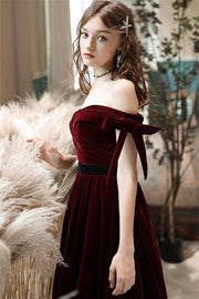 Burgundy Velvet Off the Shoulder Evening Dress