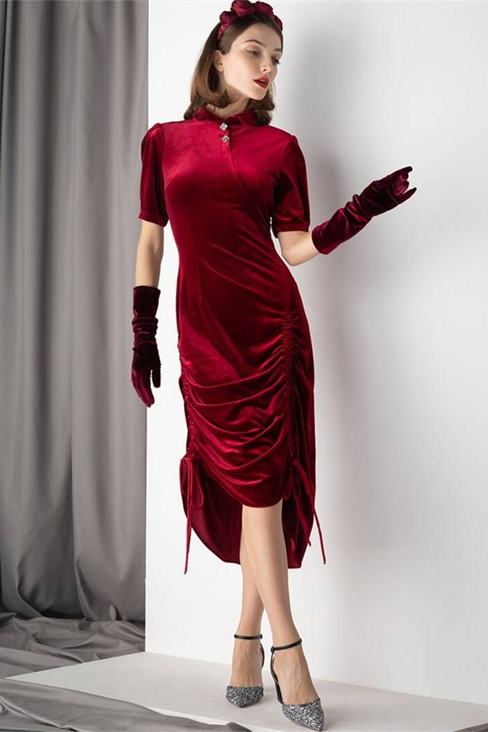 Burgundy Velvet Tight Midi Dress