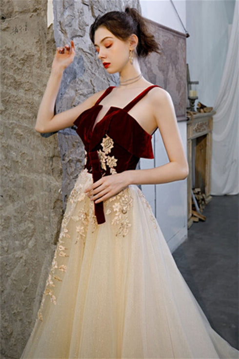 Burgundy Velvet and Champagne Tulle Formal Dress