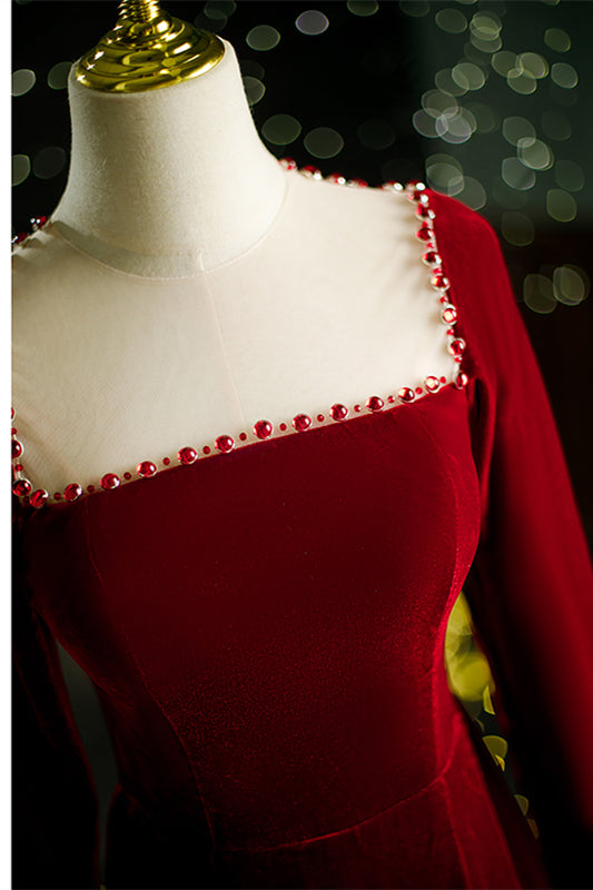 Burgundy Square Neck Beaded Long Sleeves Velvet Long Formal Dress with Slit