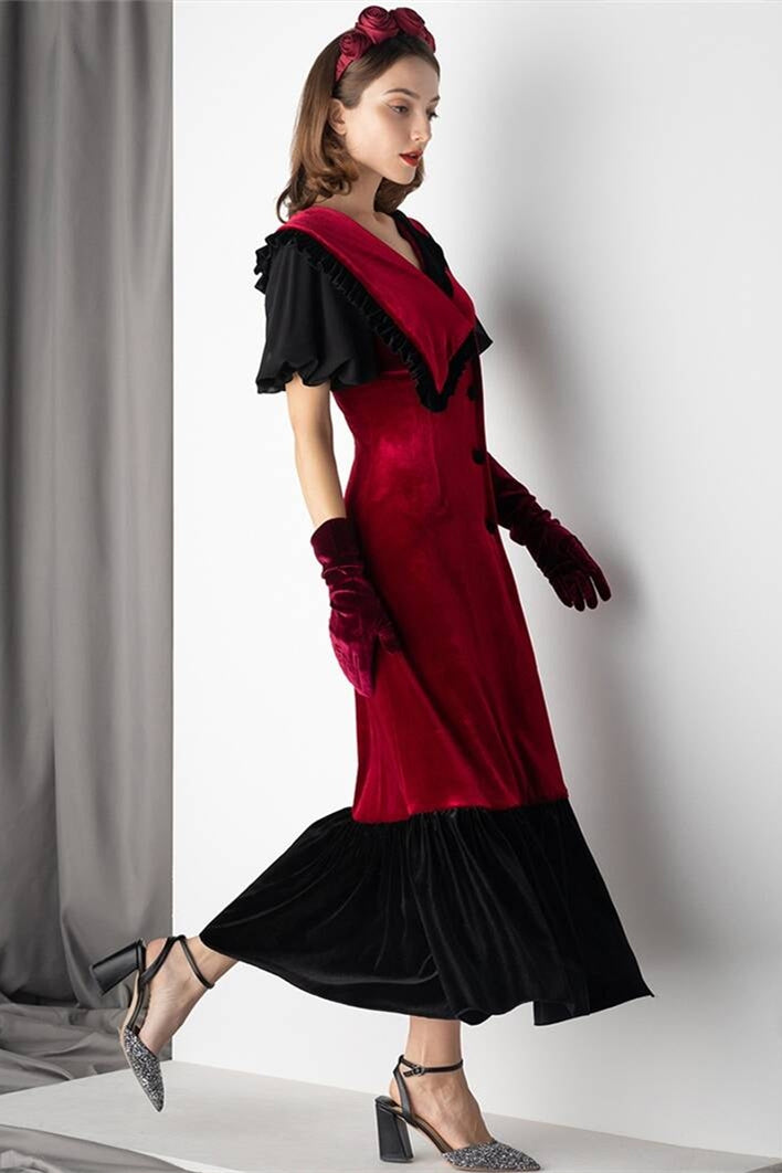 Burgundy and Black Velvet Midi Dress Burgundy and Black / US 2