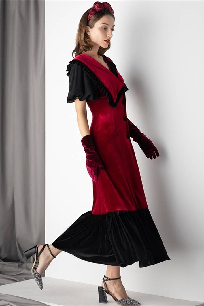 Burgundy and Black Velvet Midi Dress