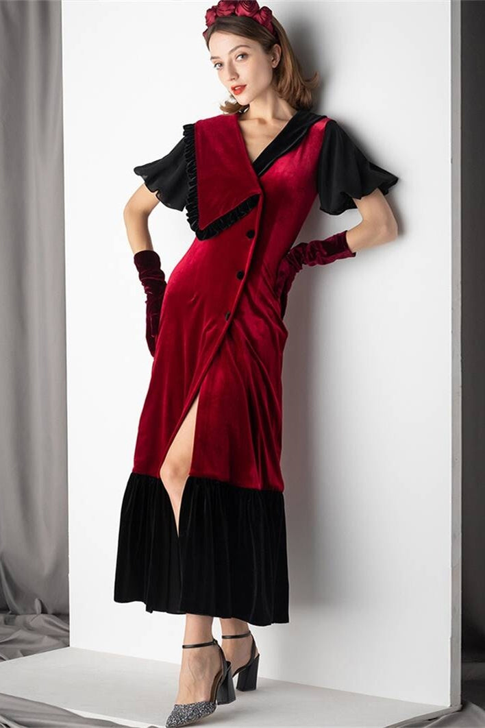 Burgundy and Black Velvet Midi Dress