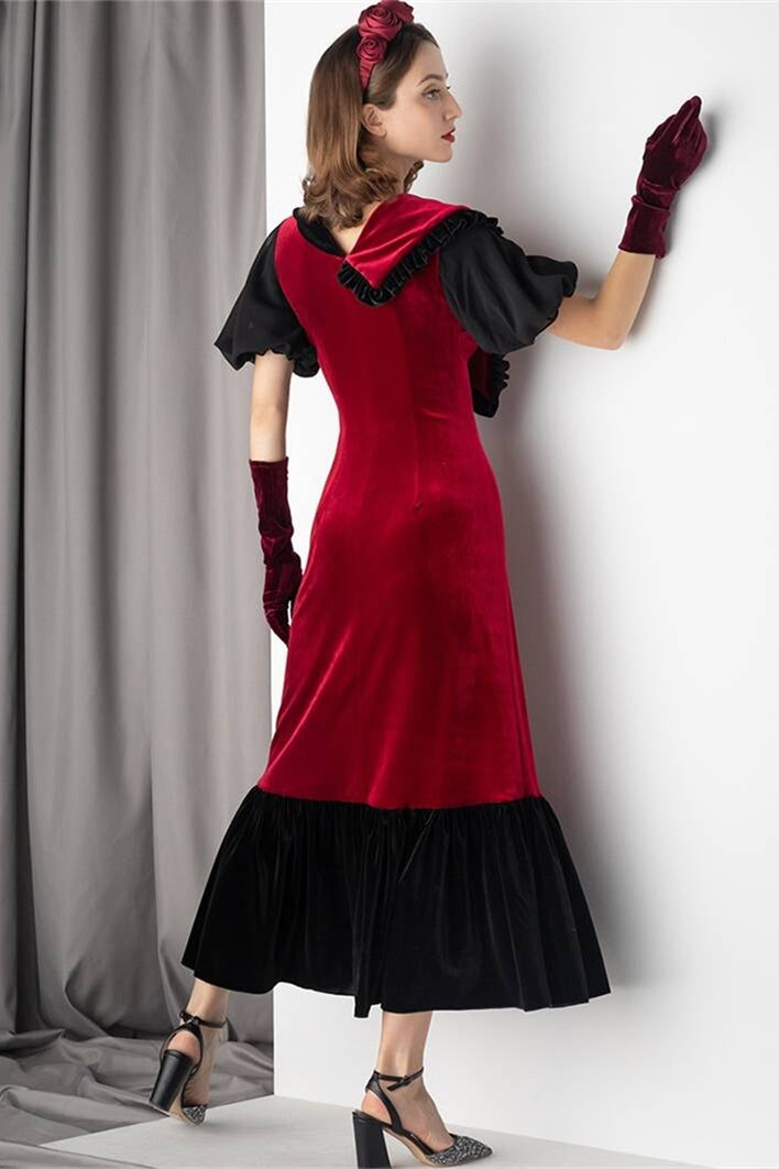 Burgundy and Black Velvet Midi Dress Burgundy and Black / US 12