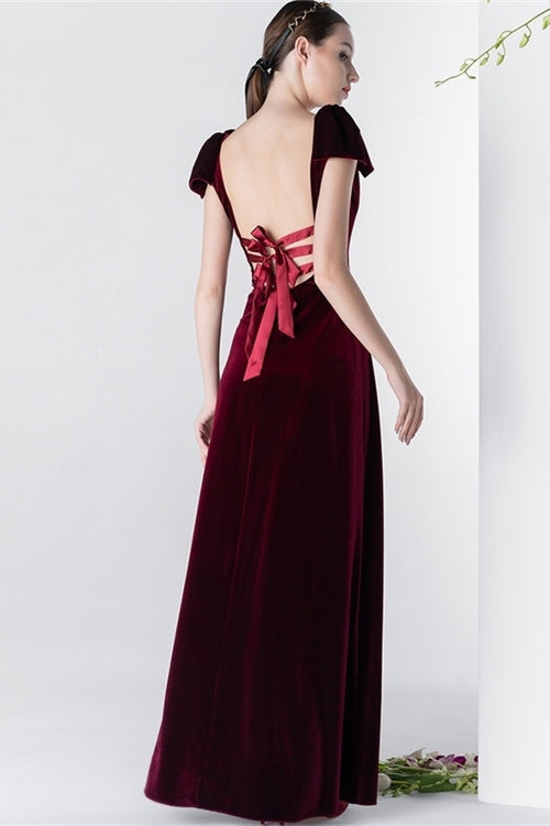 Cap Sleeves Burgundy Velvet Long Dress