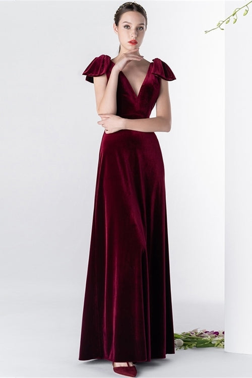 Cap Sleeves Burgundy Velvet Long Dress Burgundy / US 10