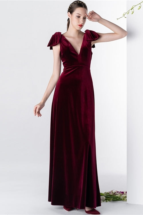 long sleeve burgundy velvet dress Wrap V Neckline With Organza Sleeves Full Length Back Burgundy Long Sleeve Velvet Dress