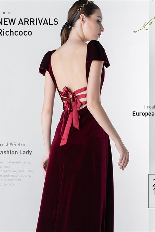 Cap Sleeves Burgundy Velvet Long Dress