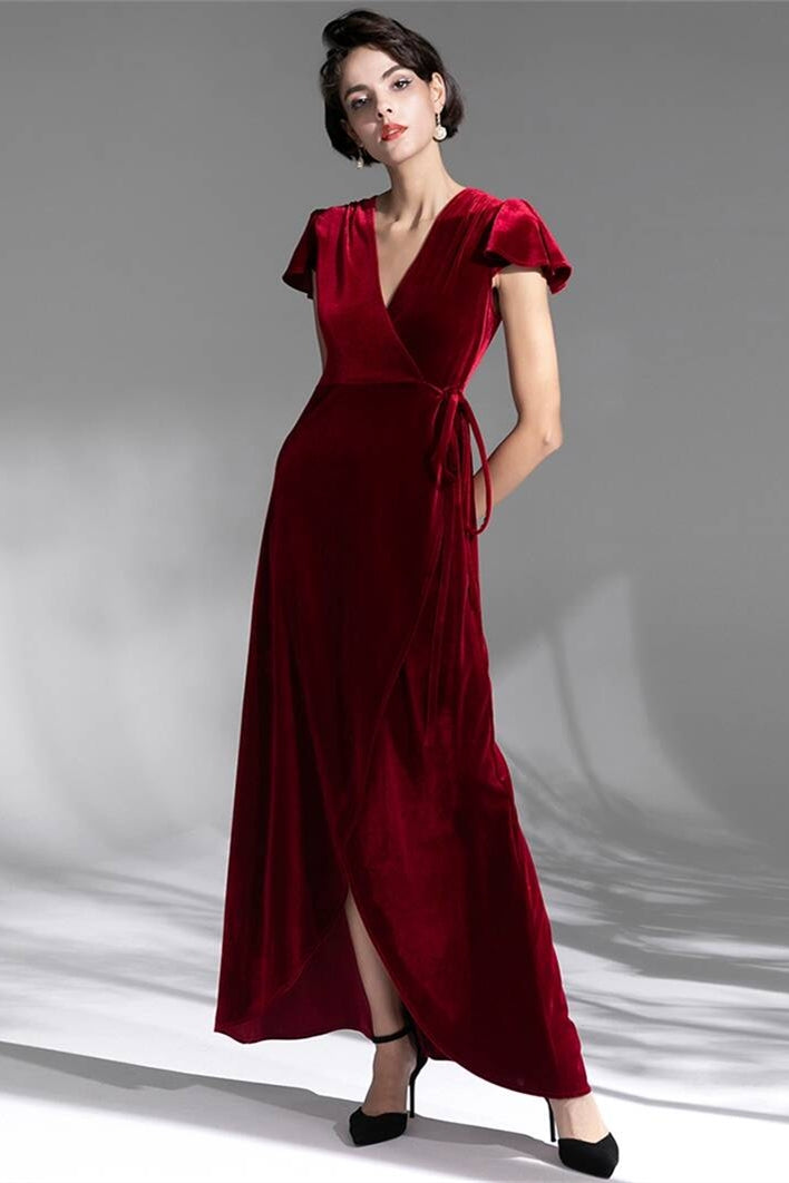 Cap Sleeves Burgundy Velvet Wrap Dress