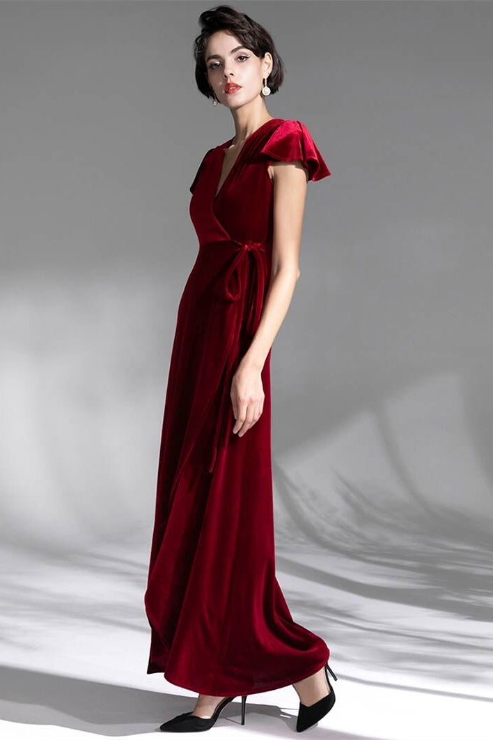 Cap Sleeves Burgundy Velvet Wrap Dress