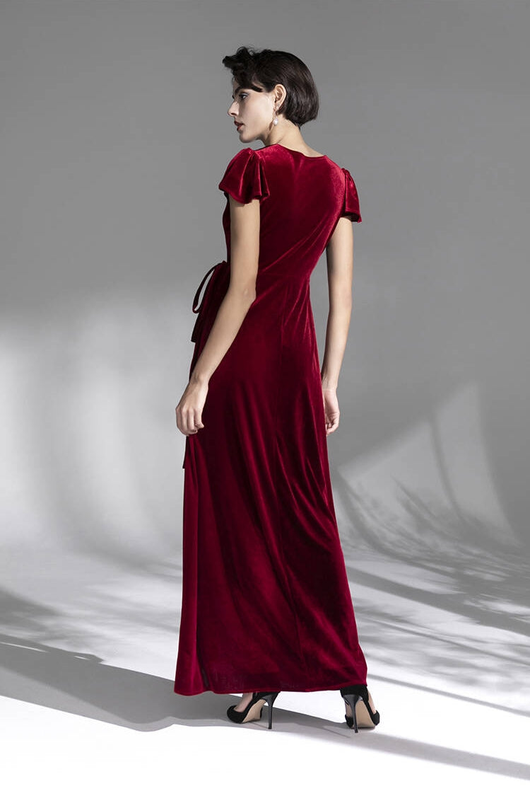 Cap Sleeves Burgundy Velvet Wrap Dress