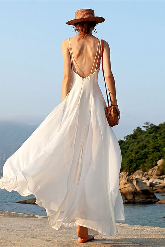 Casual White Chiffon Long Maxi Dress White / US 14 Casual White Chiffon Long Maxi Dress White / US 14