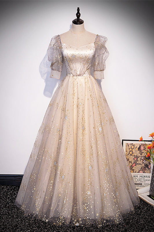 Champagne Sweetheart Illusion Puff Sleeves Gold Prints Long Formal Dress
