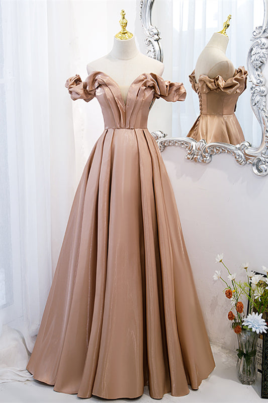 Champagne V Neck Ruffle Off-the-Shoulder Pleated Leather Long Formal Dress