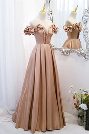 Champagne V Neck Ruffle Off-the-Shoulder Pleated Leather Long Formal Dress