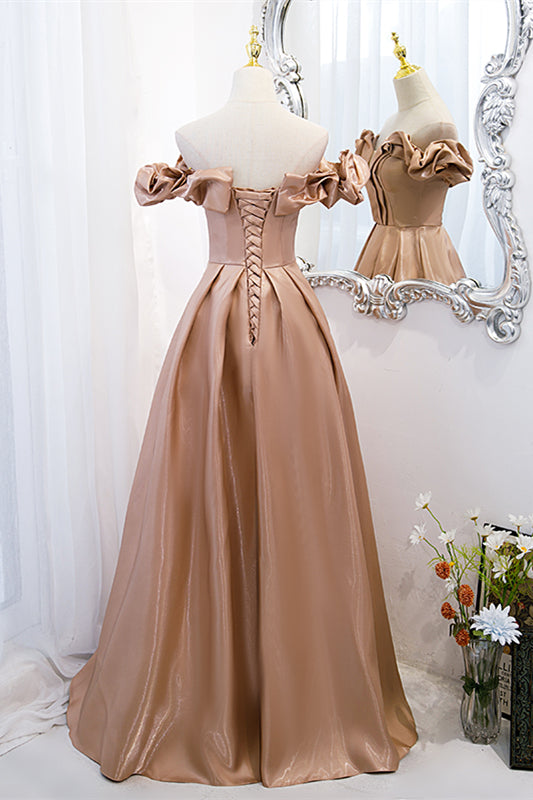 Champagne V Neck Ruffle Off-the-Shoulder Pleated Leather Long Formal Dress