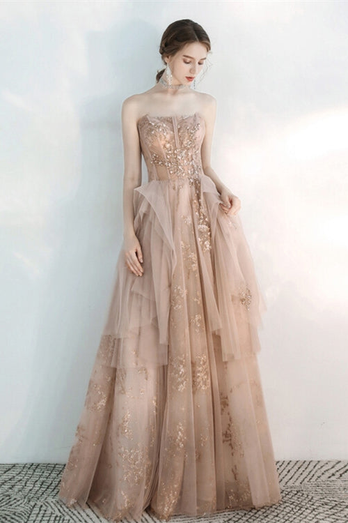 Champagne Sparkle Tulle Long Prom Dress
