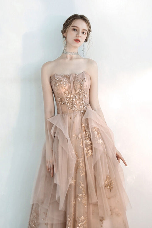Champagne Sparkle Tulle Long Prom Dress